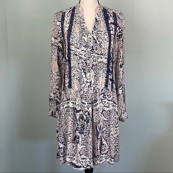 ANTHROPOLOGIE/TINY cream, blue with mauve “Caviana” shirt dress in size XXS. EUC - Picture 2 of 11